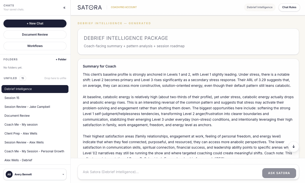 Debrief Intelligence report screen in Satora