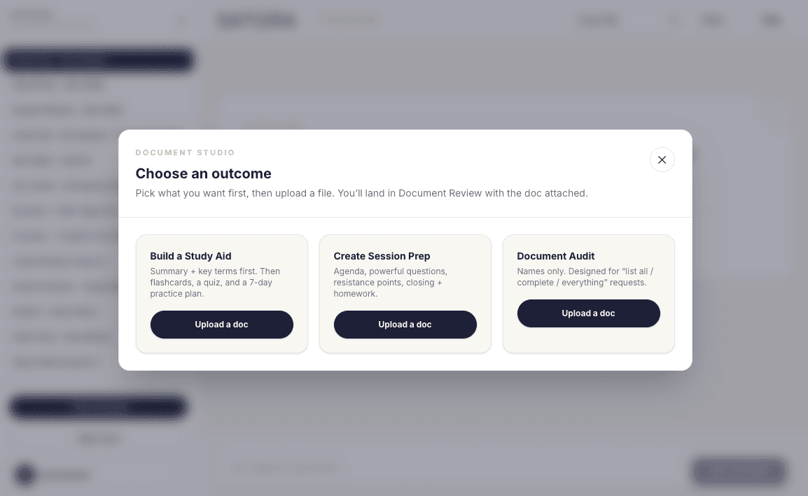 Document Studio modal to choose an outcome in Satora