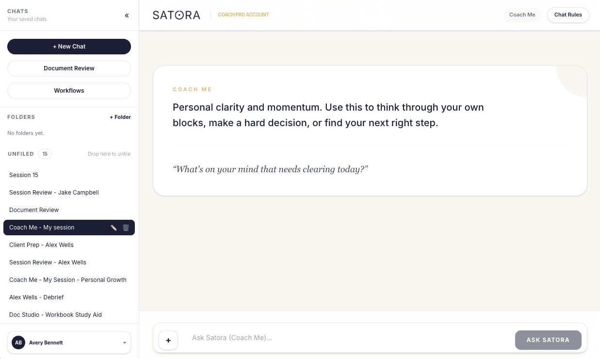 Main Satora workspace showing the visible coaching product