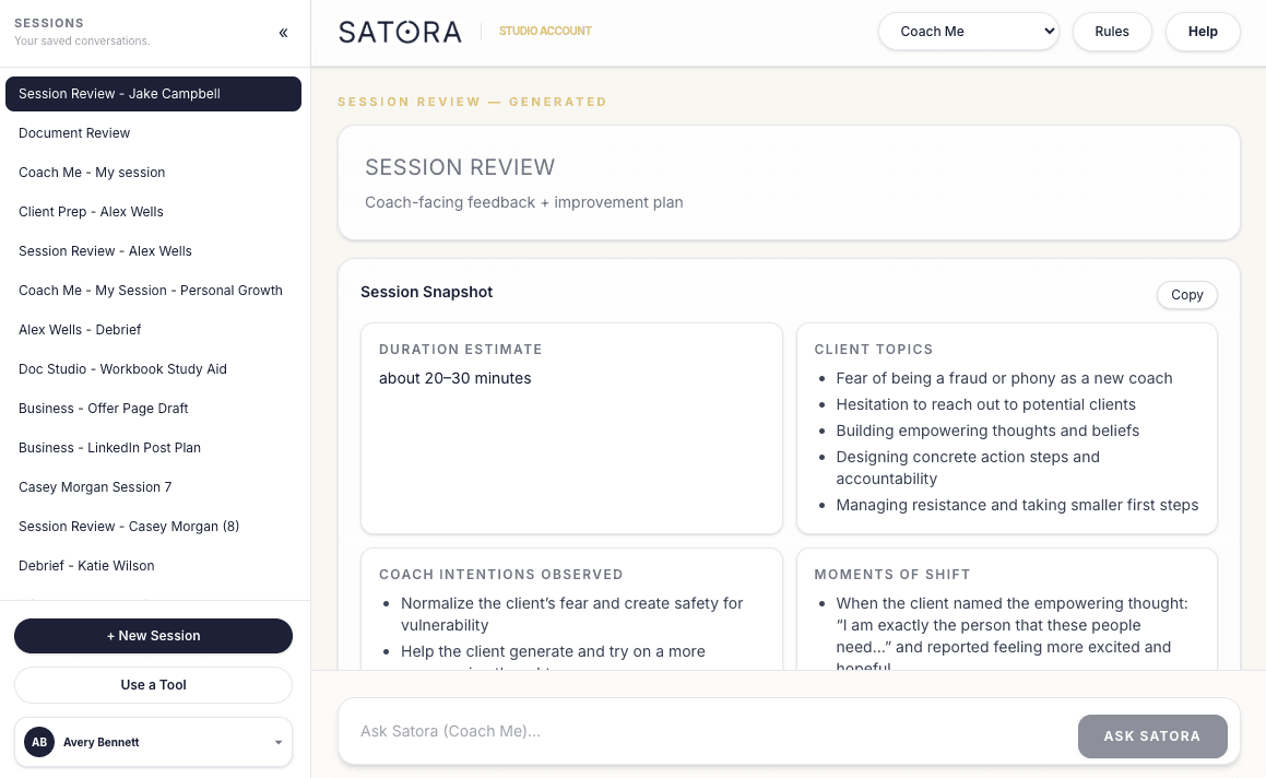 Session Review generated report screen in Satora