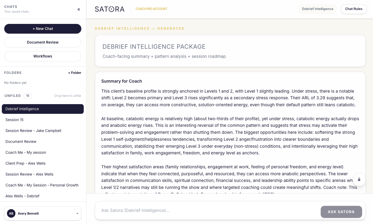 Debrief Intelligence report screen in Satora